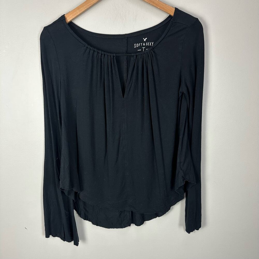 American Eagle AEO Black Soft Sexy Long Bell Sleeve T Shirt  Tie Neck XS